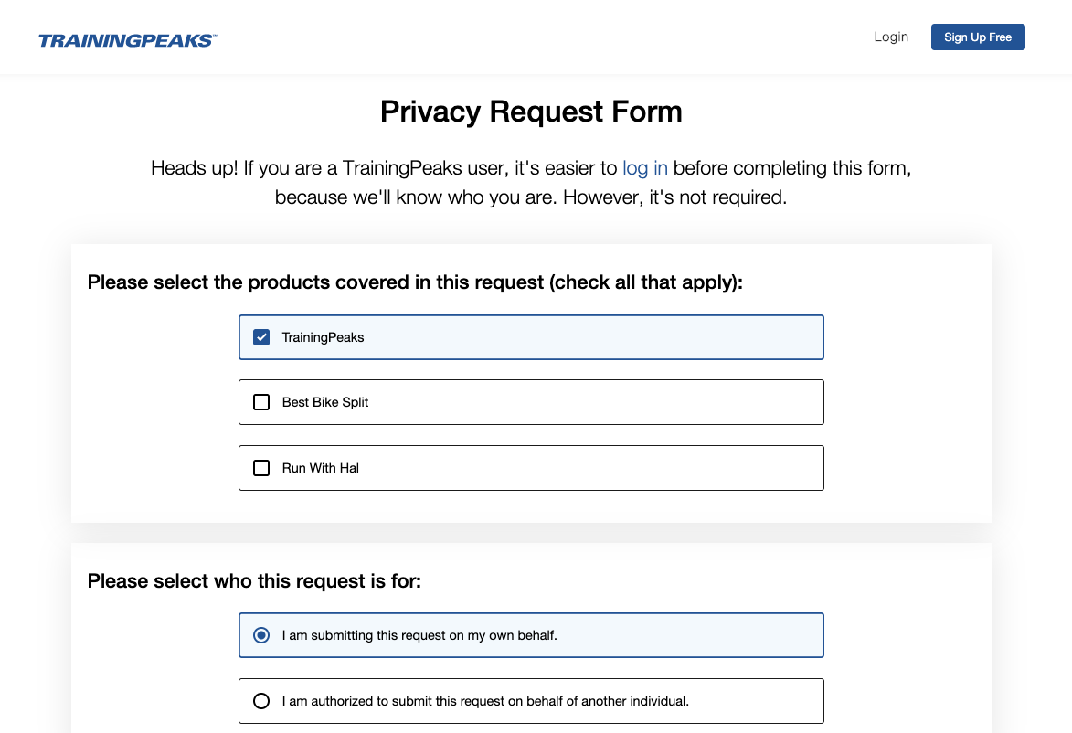 General Data Protection Regulation (GDPR) Request – TrainingPeaks